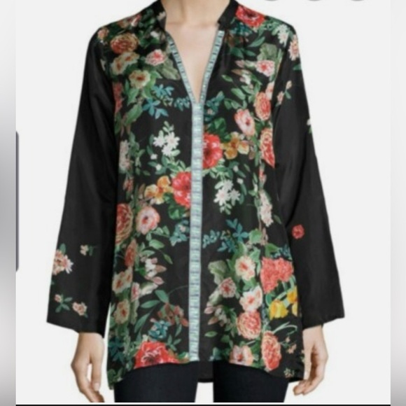 Johnny Was Tops - Johnny Was Houstein Trim Floral 100% Silk Blouse Size - L